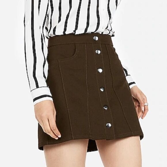 Express skirt Womens safari snap front mini army green Academia New - Picture 3 of 6